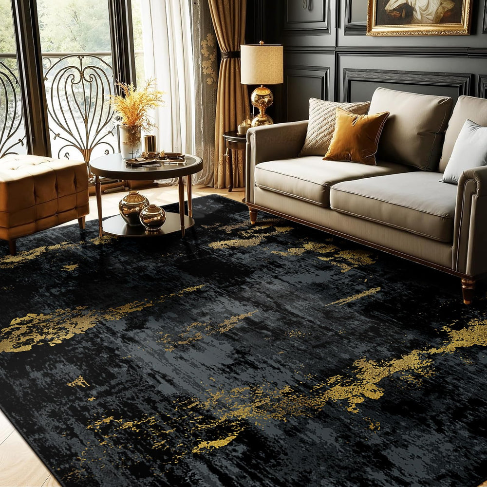 RELEANY vista frontal de la alfombra 5'x7' con diseño negro dorado, añade elegancia