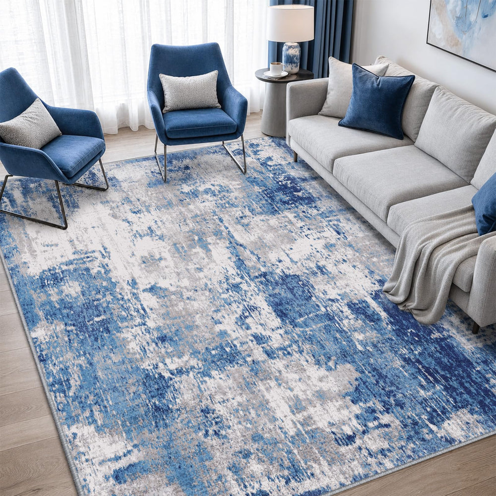 RELEANY vista frontal de alfombra 5x7 con estampado azul gris y estilo moderno