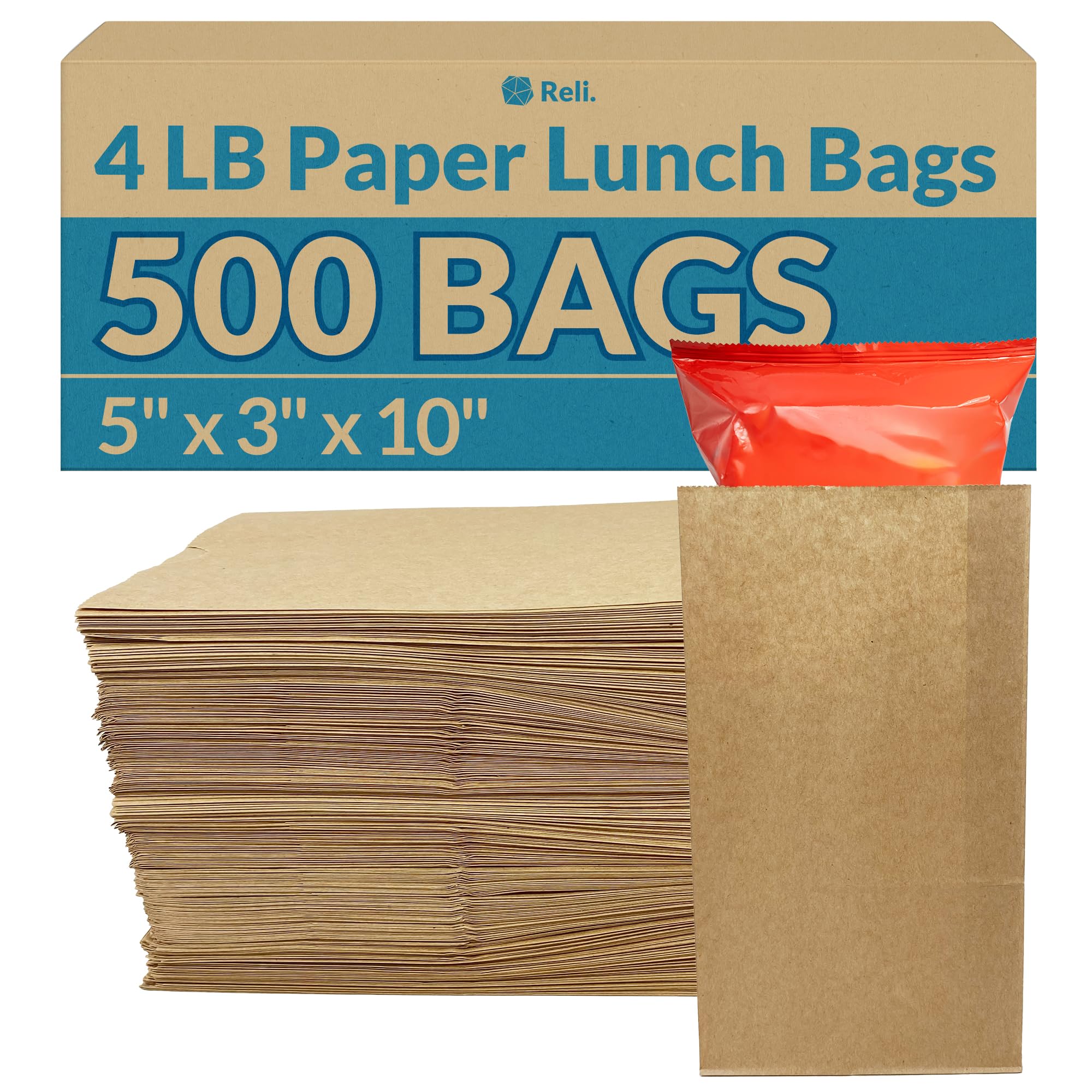 Reli. front pack of 500 brown paper bags showing label and quantity for convenience