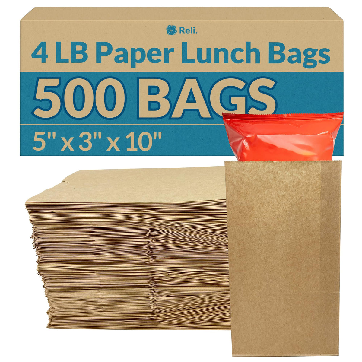 Reli. front pack of 500 brown paper bags showing label and quantity for convenience