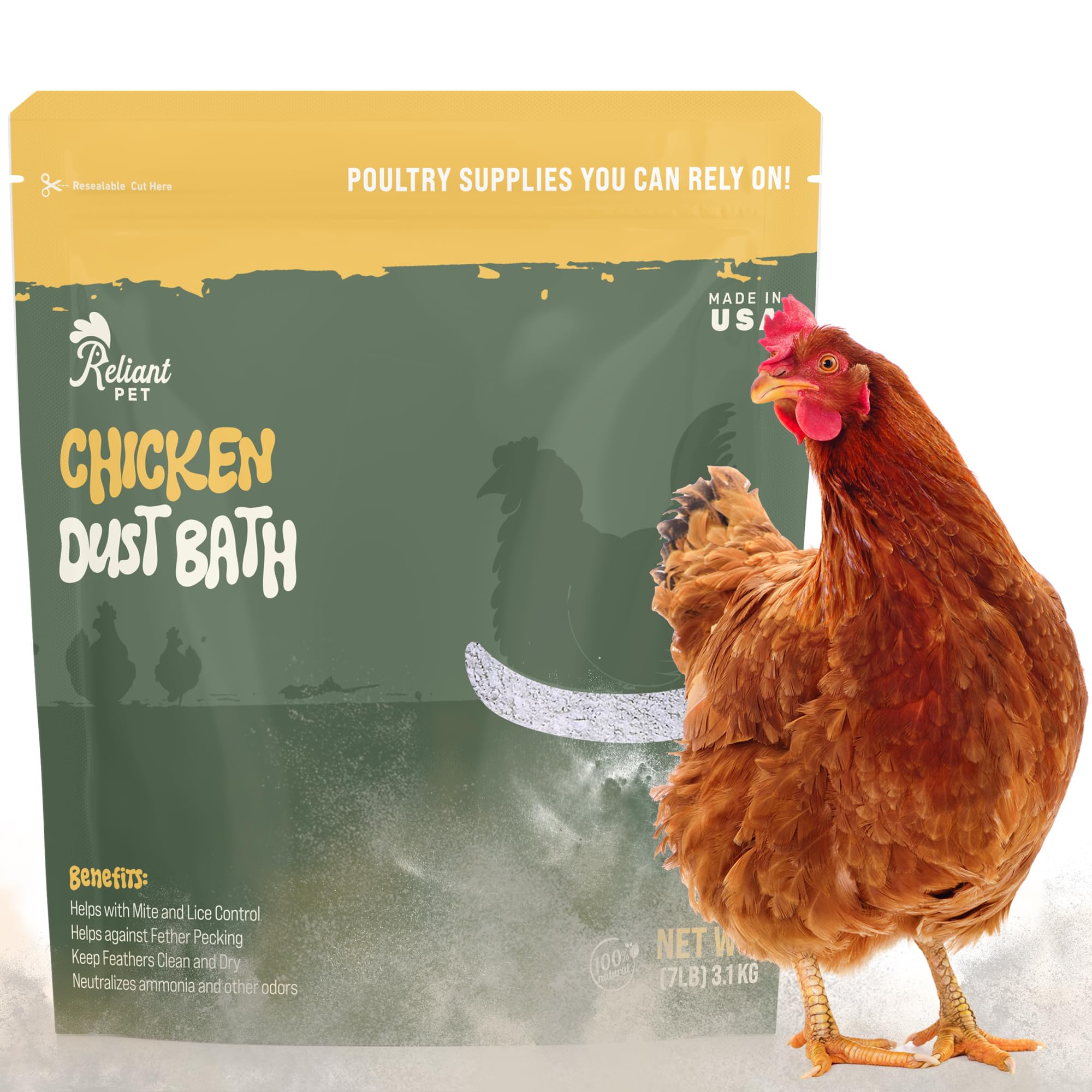 Reliant Pet dust bath setup in coop highlighting tidy, low-dust benefit
