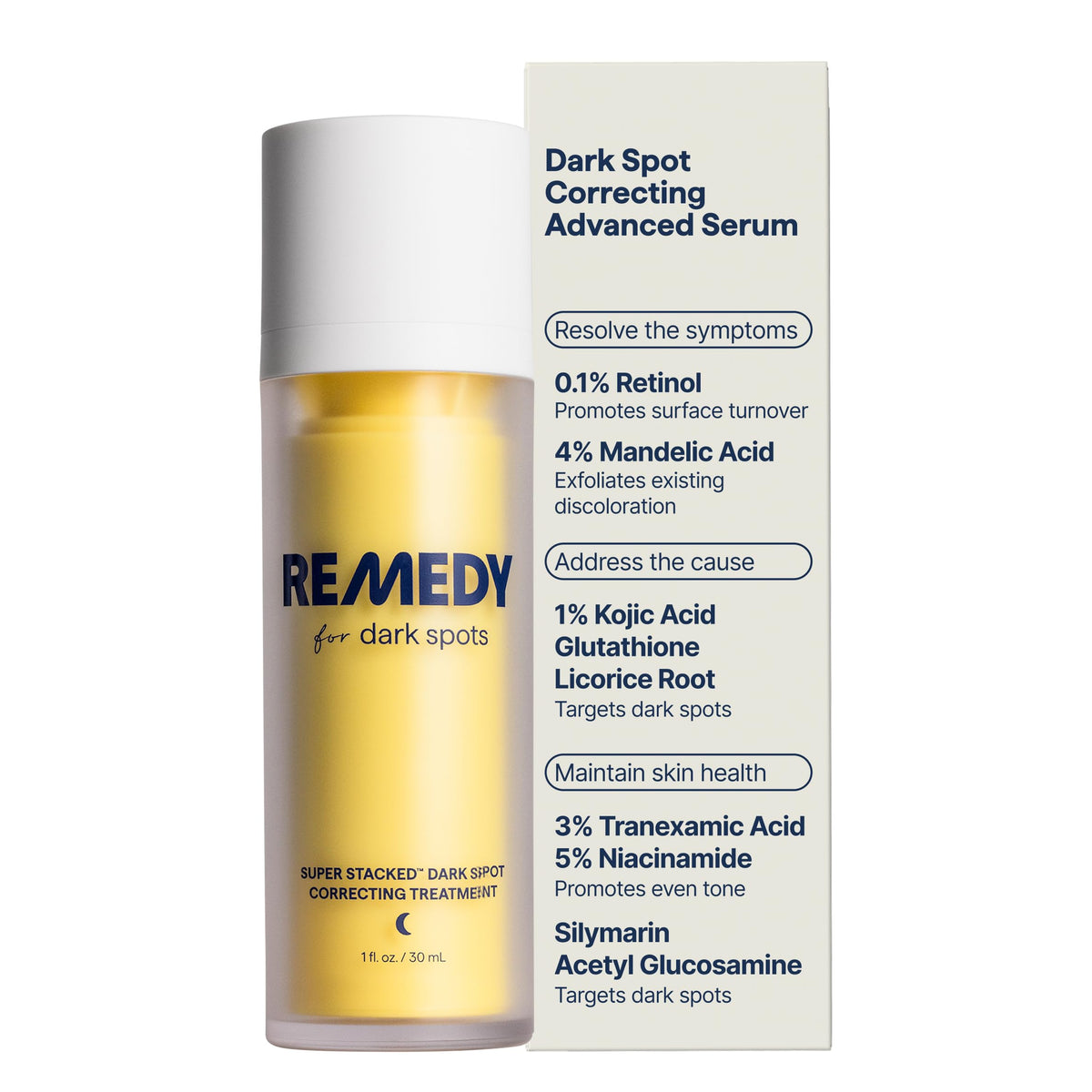 Remedy Science frasco frontal mostrando el diseño y beneficio unificar tono