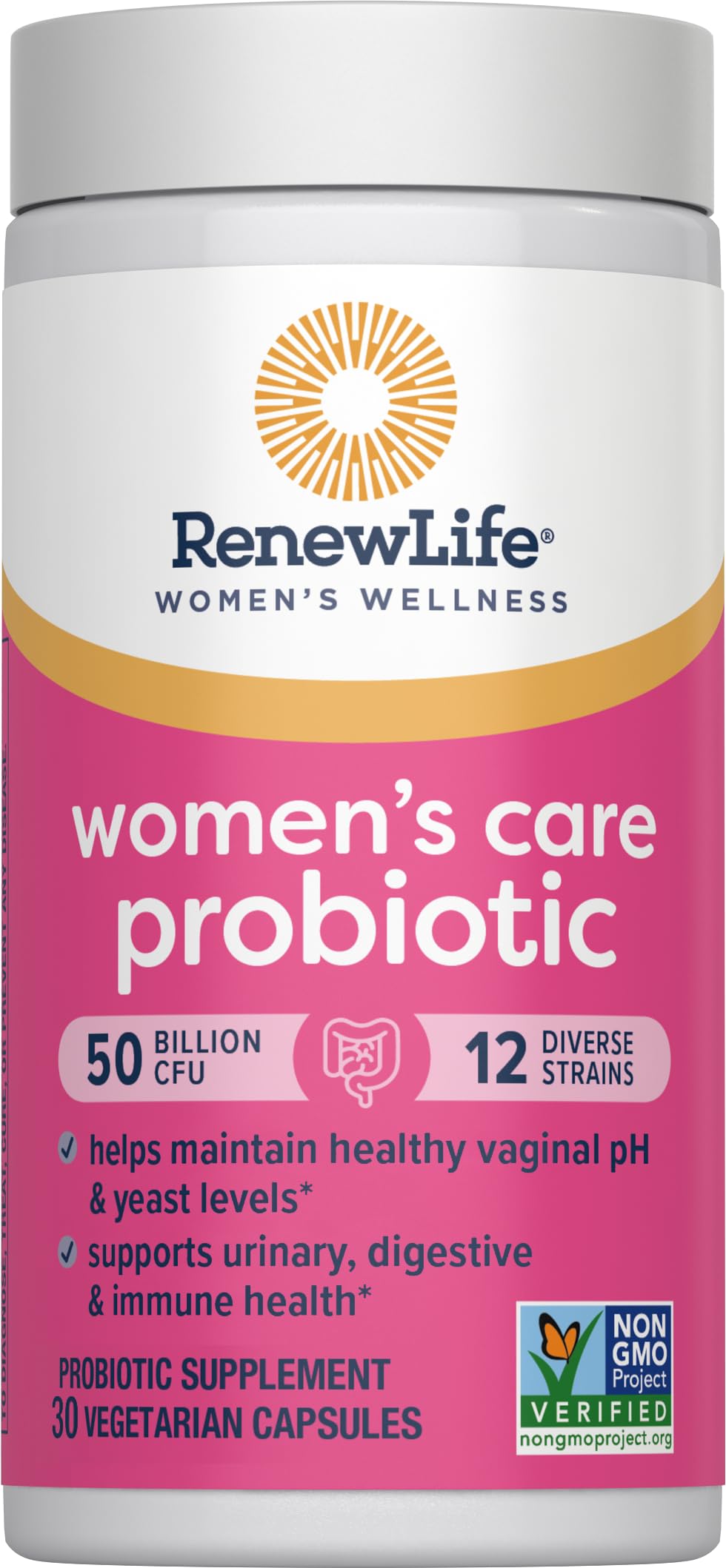 Renew Life mujer sosteniendo el frasco enfatizando uso diario y confianza