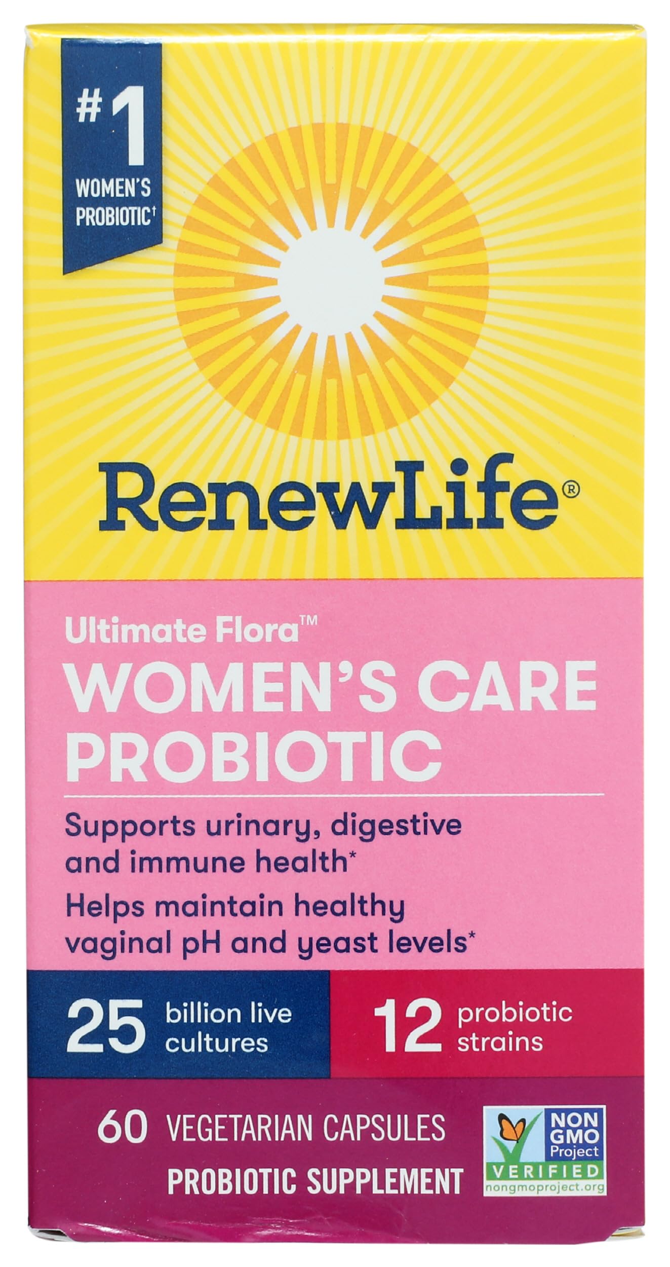 Renew Life frasco delantero mostrando el envase y beneficio de soporte femenino