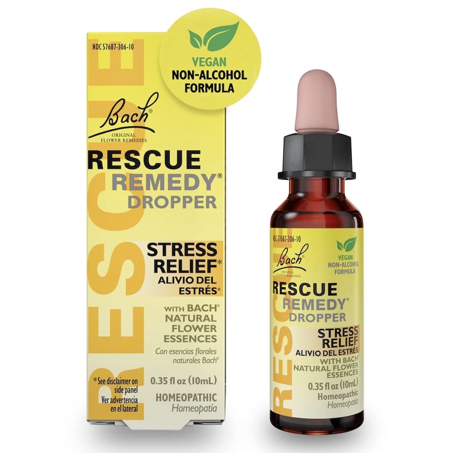 RESCUE botella frontal mostrando gotero y envase portátil de 10 mL