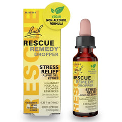 RESCUE botella frontal mostrando gotero y envase portátil de 10 mL