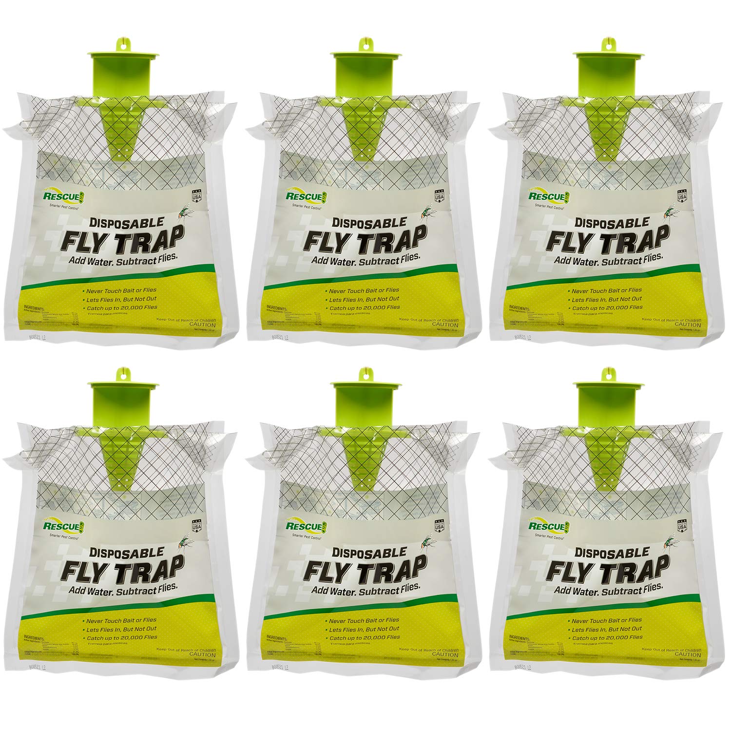 RESCUE! trap front packaging showing six disposable fly catchers and key benefits