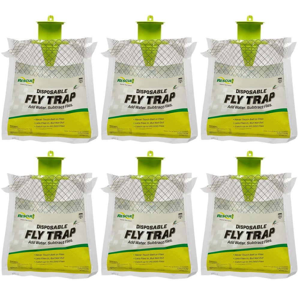 RESCUE! trap front packaging showing six disposable fly catchers and key benefits