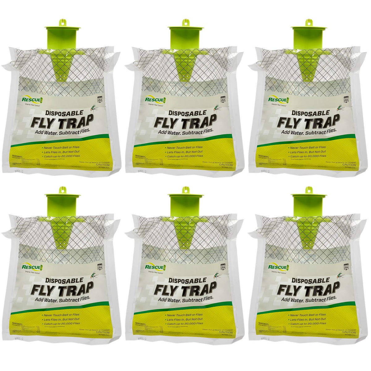RESCUE! trap front packaging showing six disposable fly catchers and key benefits