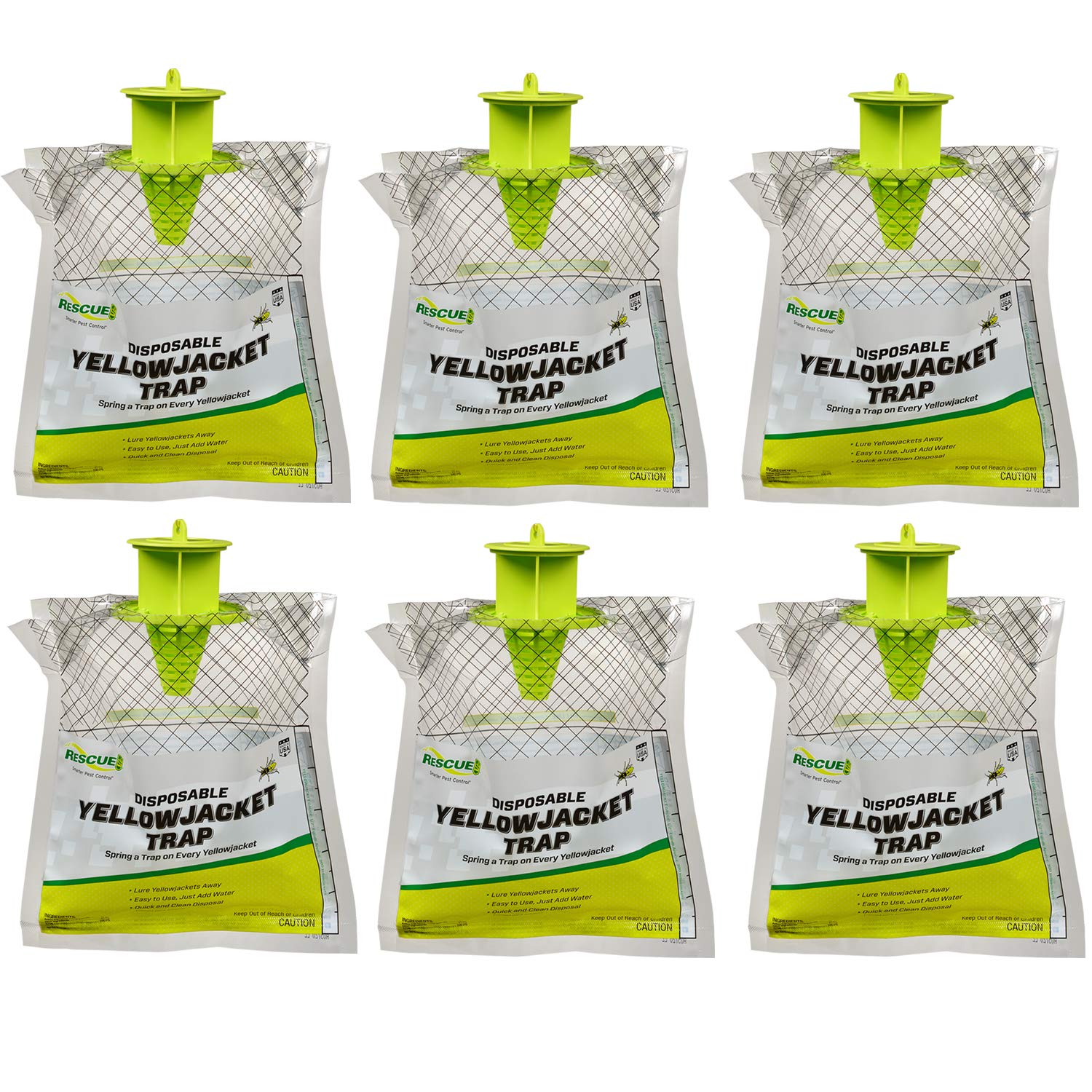 RESCUE! front packaging showing six disposable yellowjacket traps and branding benefit