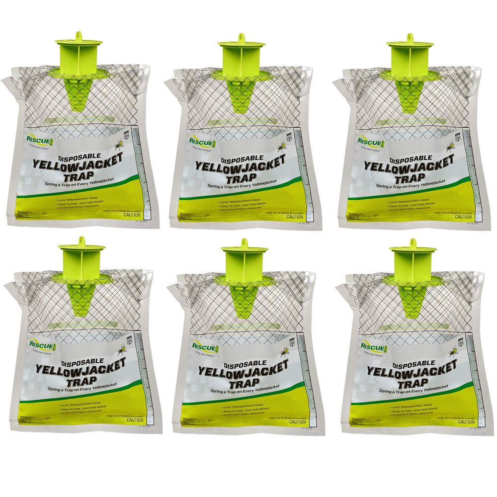 RESCUE! front packaging showing six disposable yellowjacket traps and branding benefit