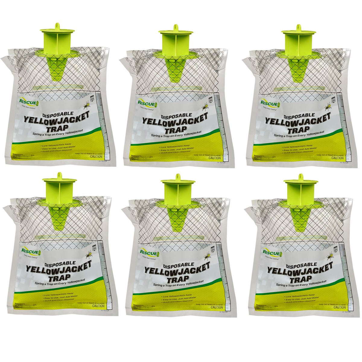 RESCUE! front packaging showing six disposable yellowjacket traps and branding benefit