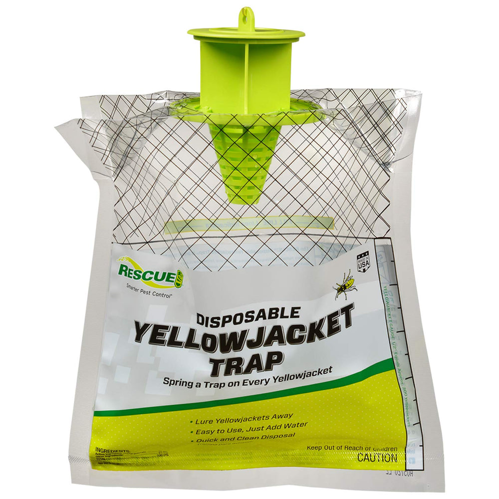 RESCUE! trap hanging in a backyard demonstrating hands-free protection benefit