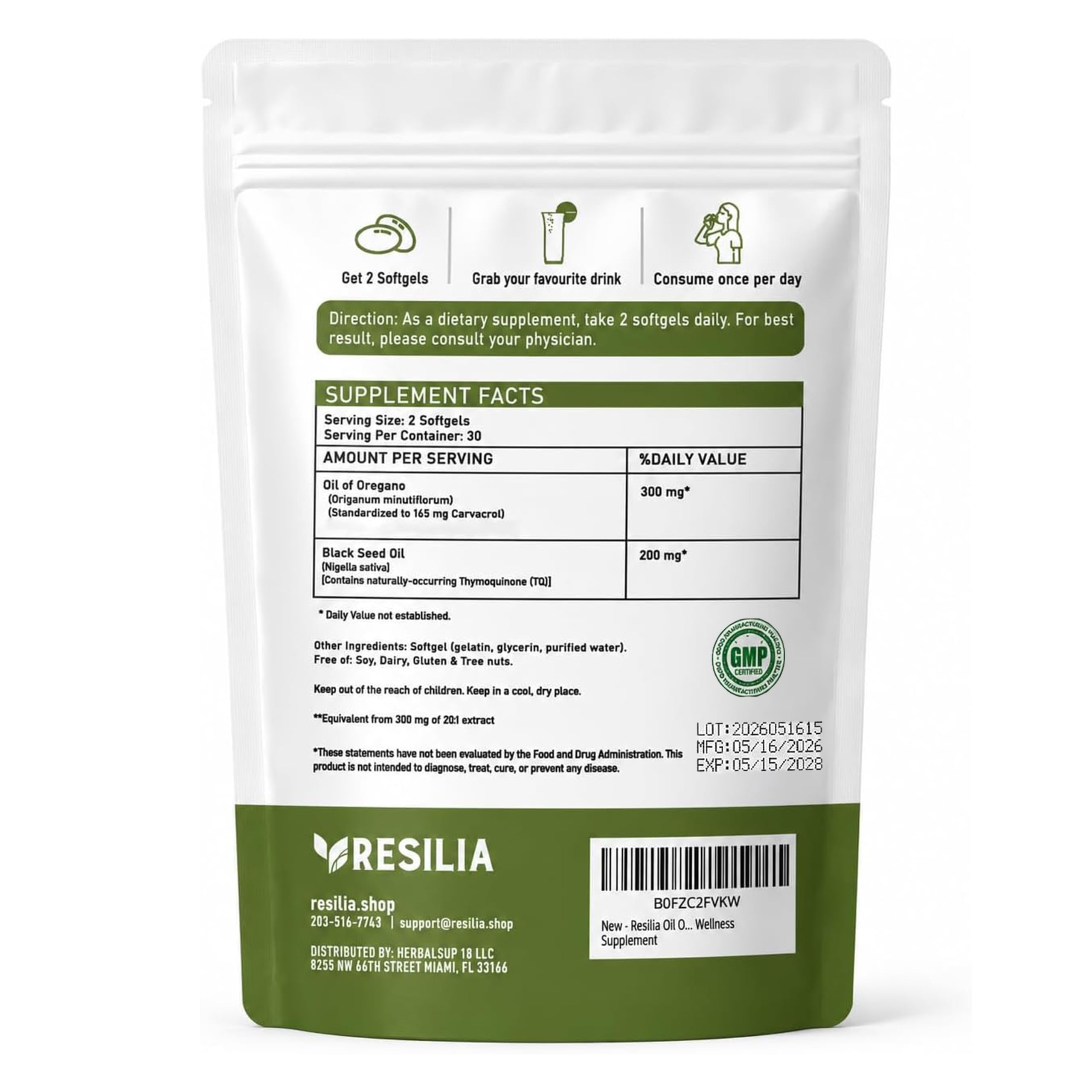 Resilia Oil Of Oregano cápsulas blandas en primer plano y su acabado suave
