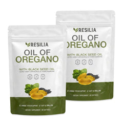 Resilia Oil Of Oregano vista frontal del empaque mostrando la marca y ventajas