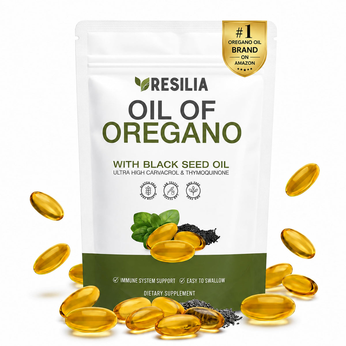Resilia Oil Of Oregano frente del envase mostrando la bolsa y cantidad