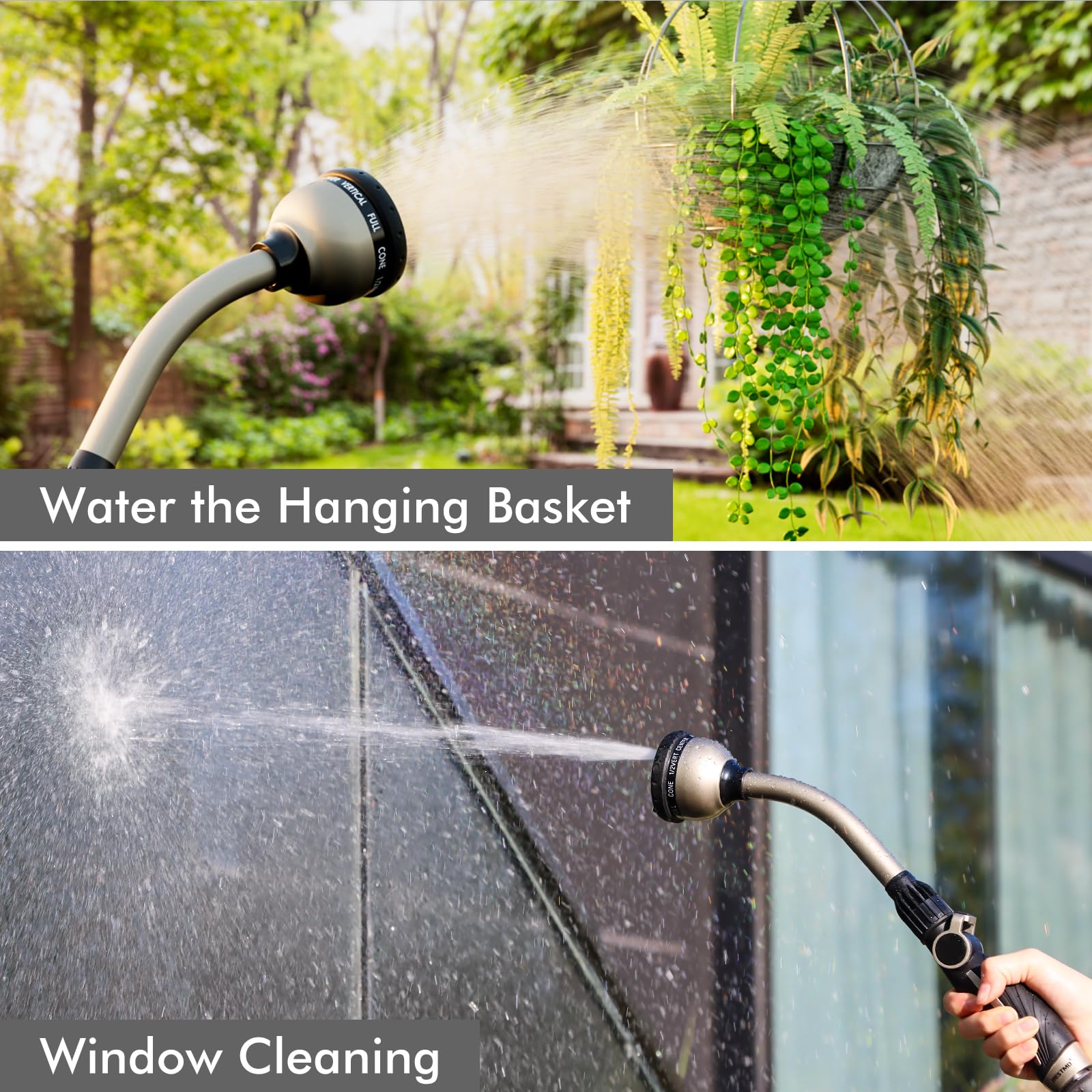 Restmo watering flower bed with gentle shower pattern for plant health