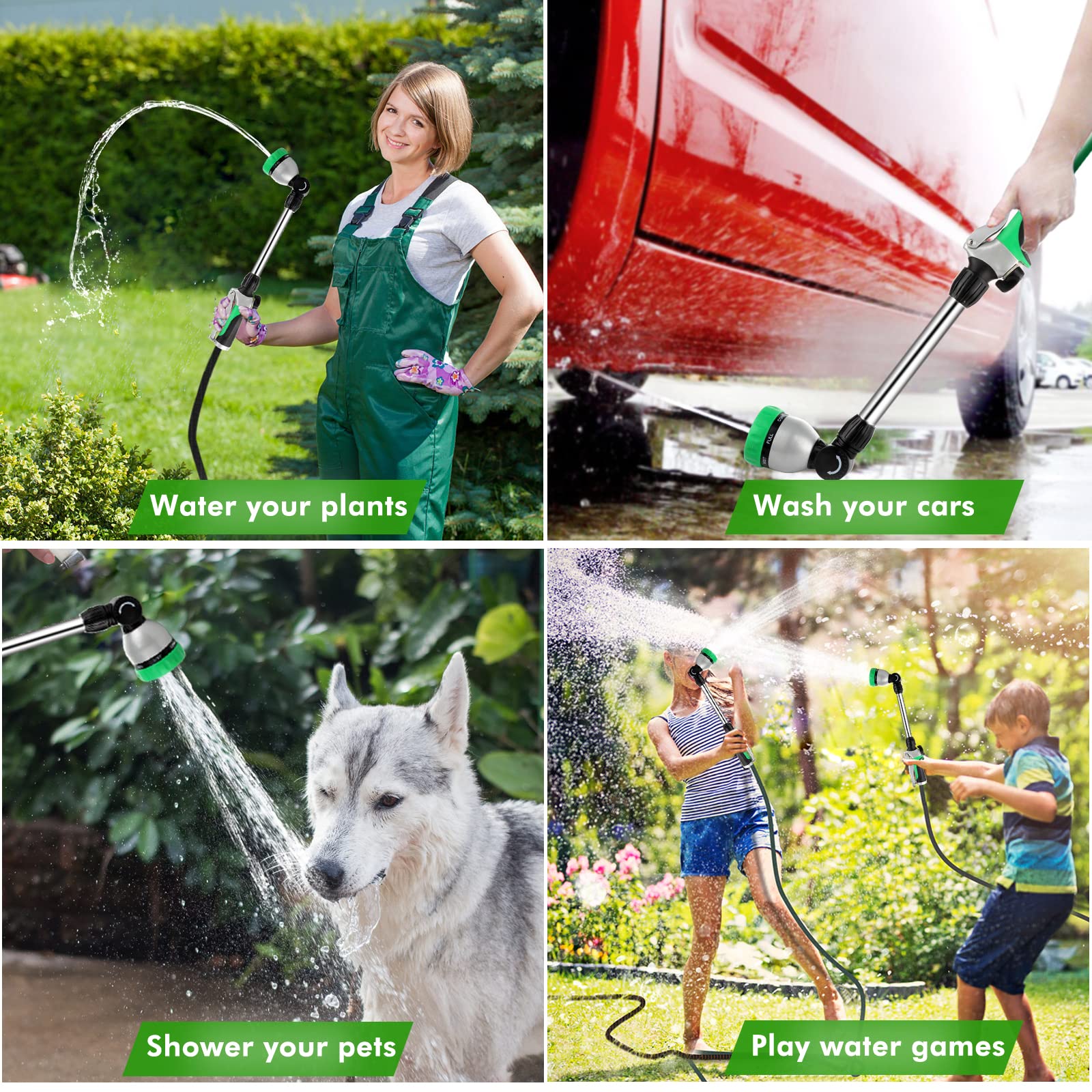 Restmo watering hanging baskets in garden demonstrating reach and gentle spray benefit