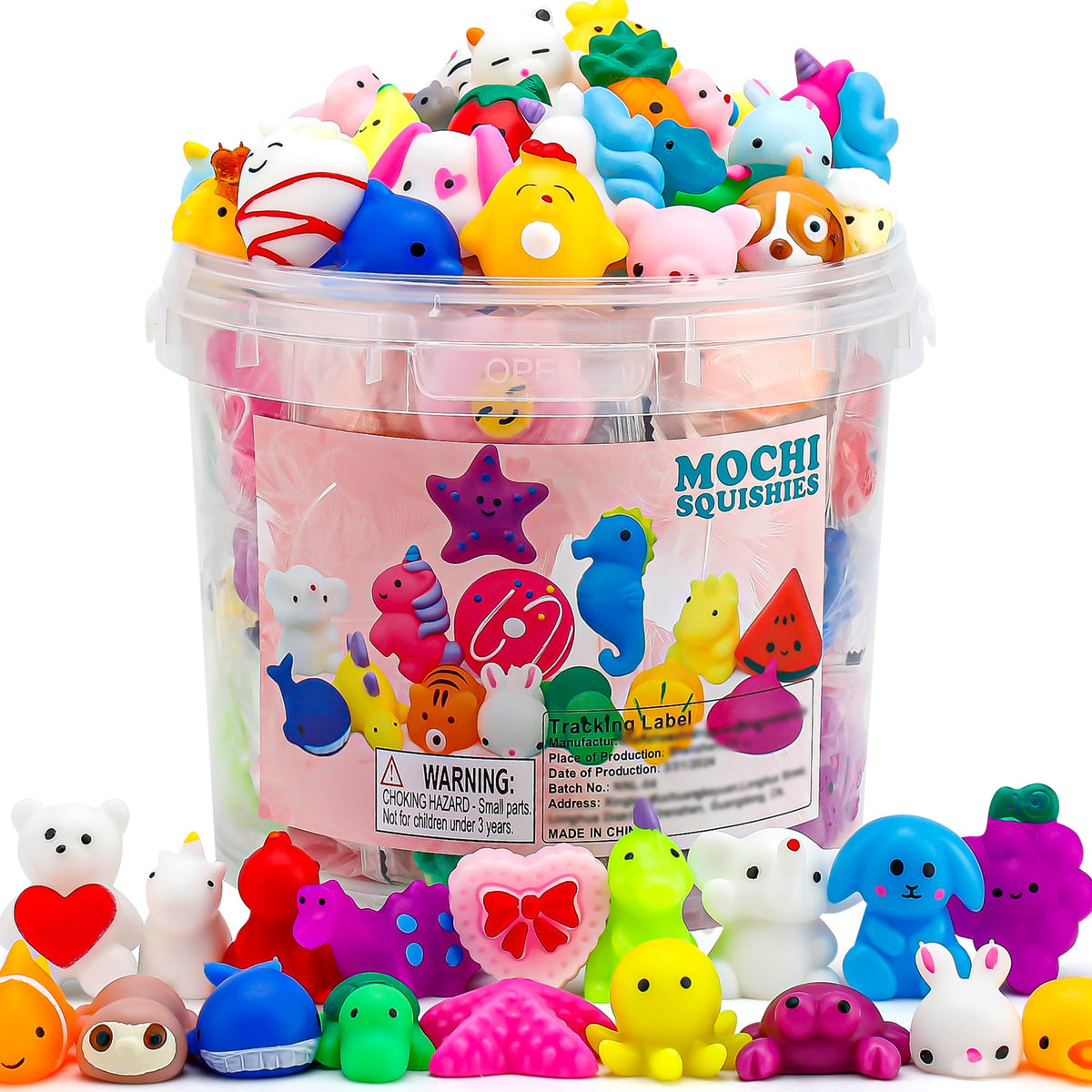 Resumplan frente del paquete mostrando 100 mochis coloridos y variados para fiestas