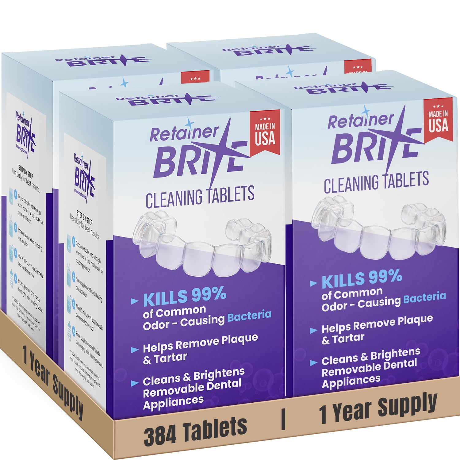 Retainer Brite empaque frontal mostrando cantidad y suministro anual