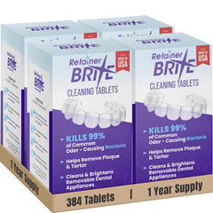 Retainer Brite empaque frontal mostrando cantidad y suministro anual