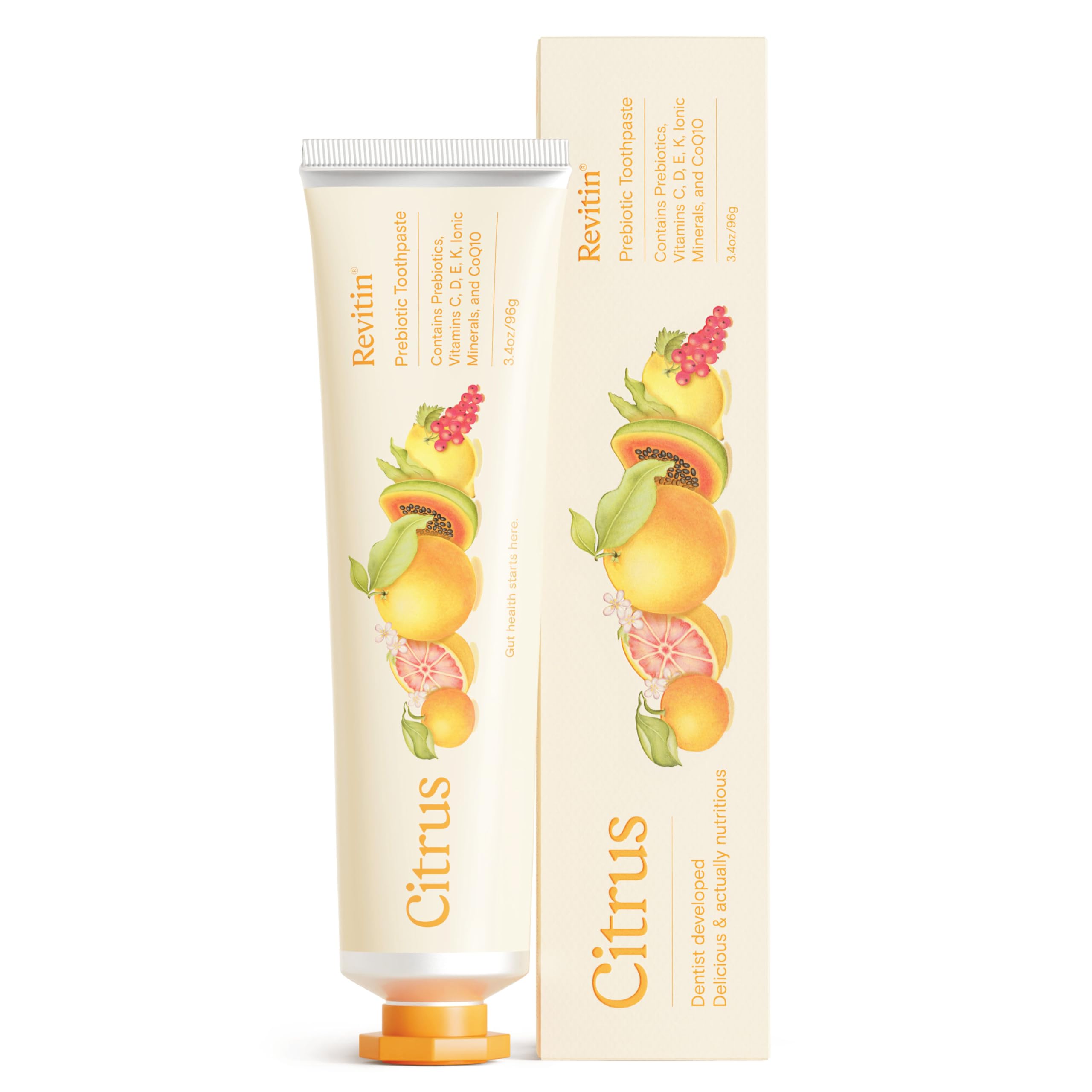 Revitin frente del empaque mostrando diseño cítrico y claridad de ingredientes