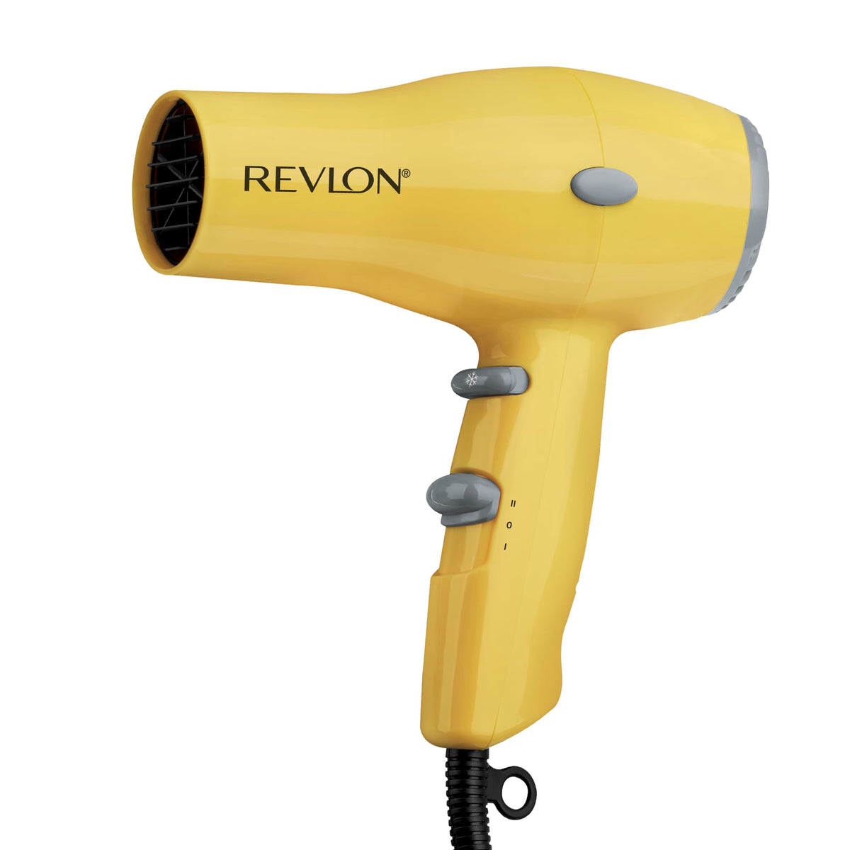 Revlon secador compacto frontal mostrando diseño amarillo y control eficiente