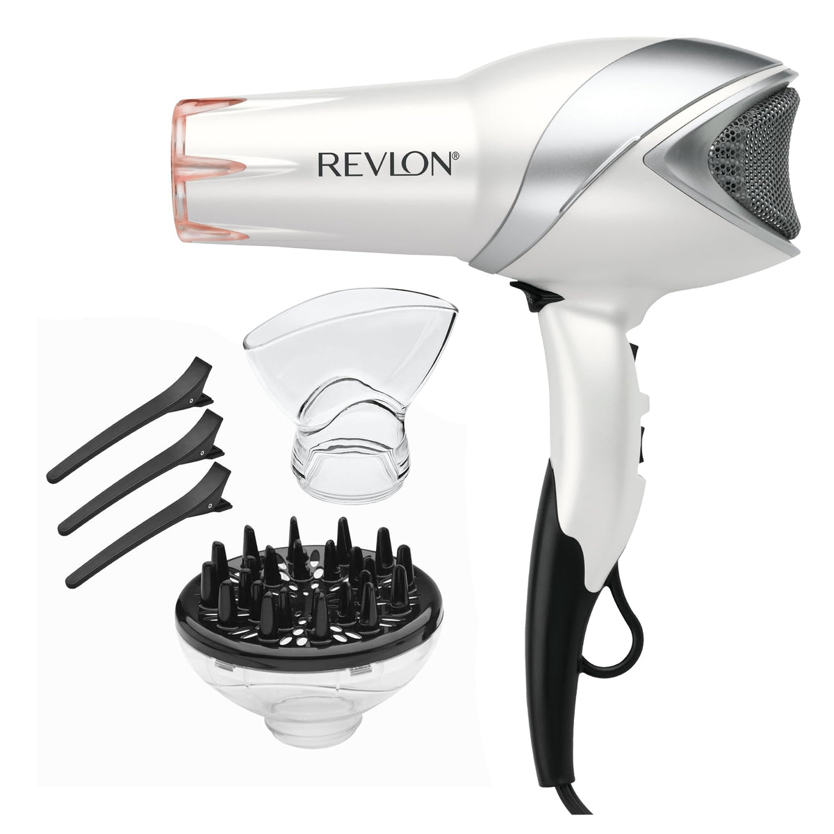 REVLON secador frontal blanco mostrando diseño y potencia