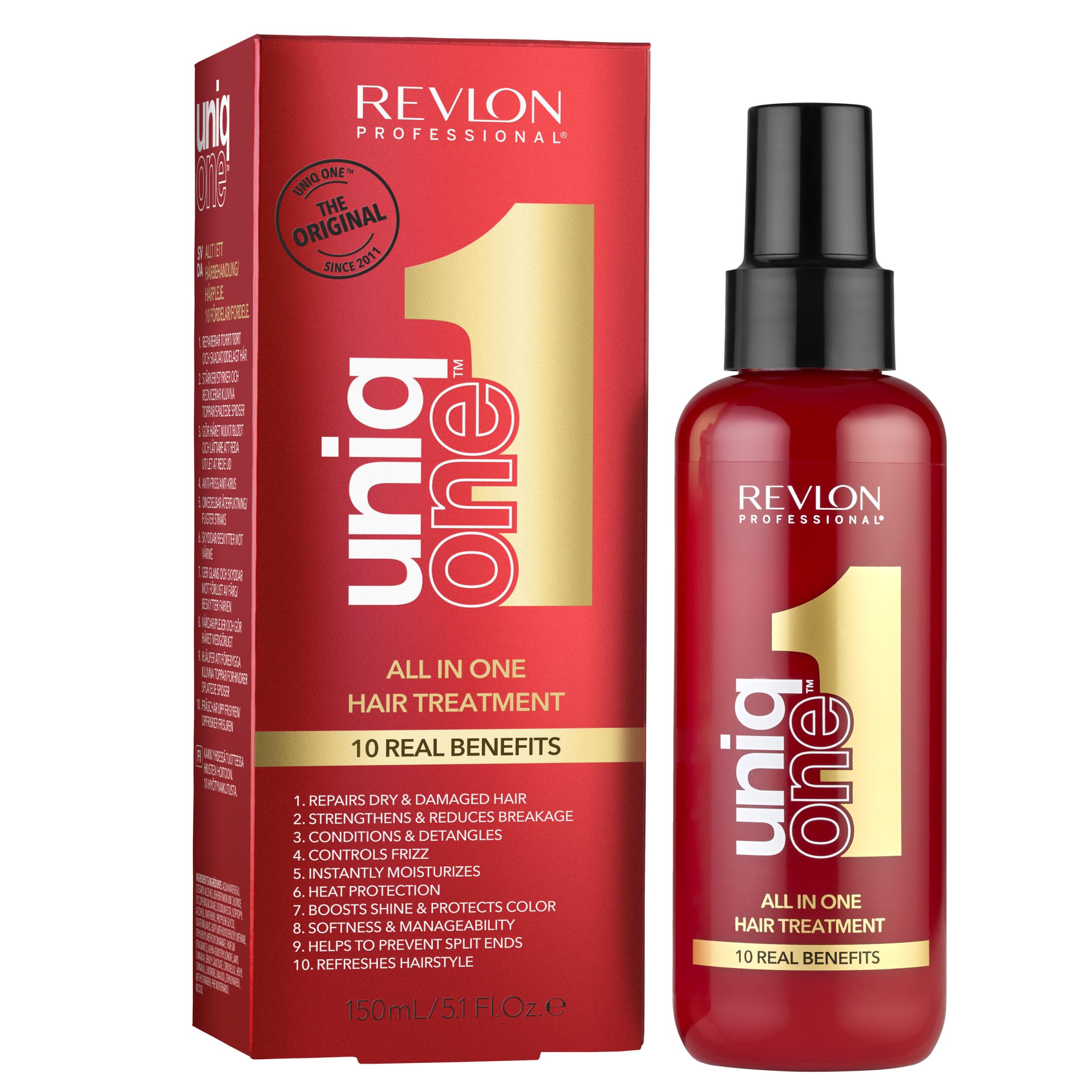 REVLON PROFESSIONAL envase frontal del UniqOne mostrando diseño nuevo y beneficio multifunción