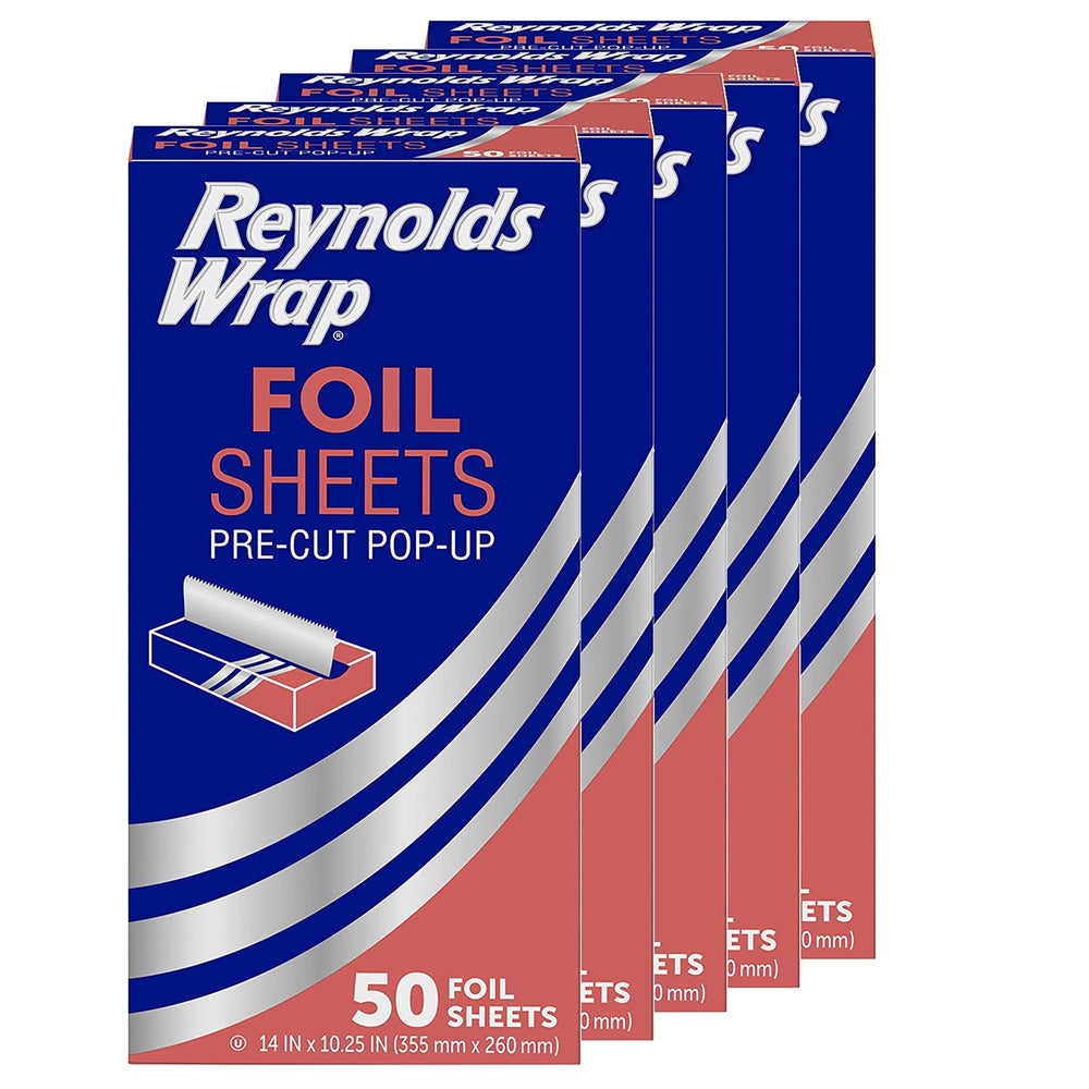 Reynolds Wrap frente del empaque con cinco cajas y 250 hojas listo para uso