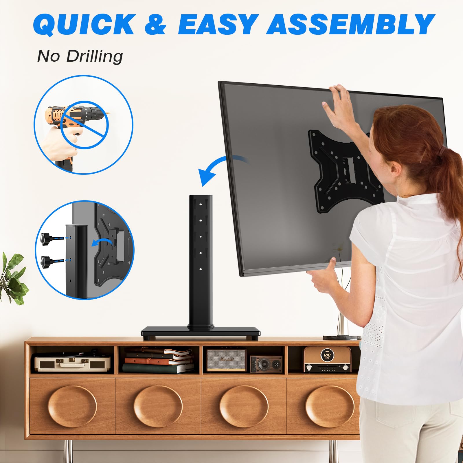Rfiver soporte con TV y barra de sonido mostrando ahorro de espacio