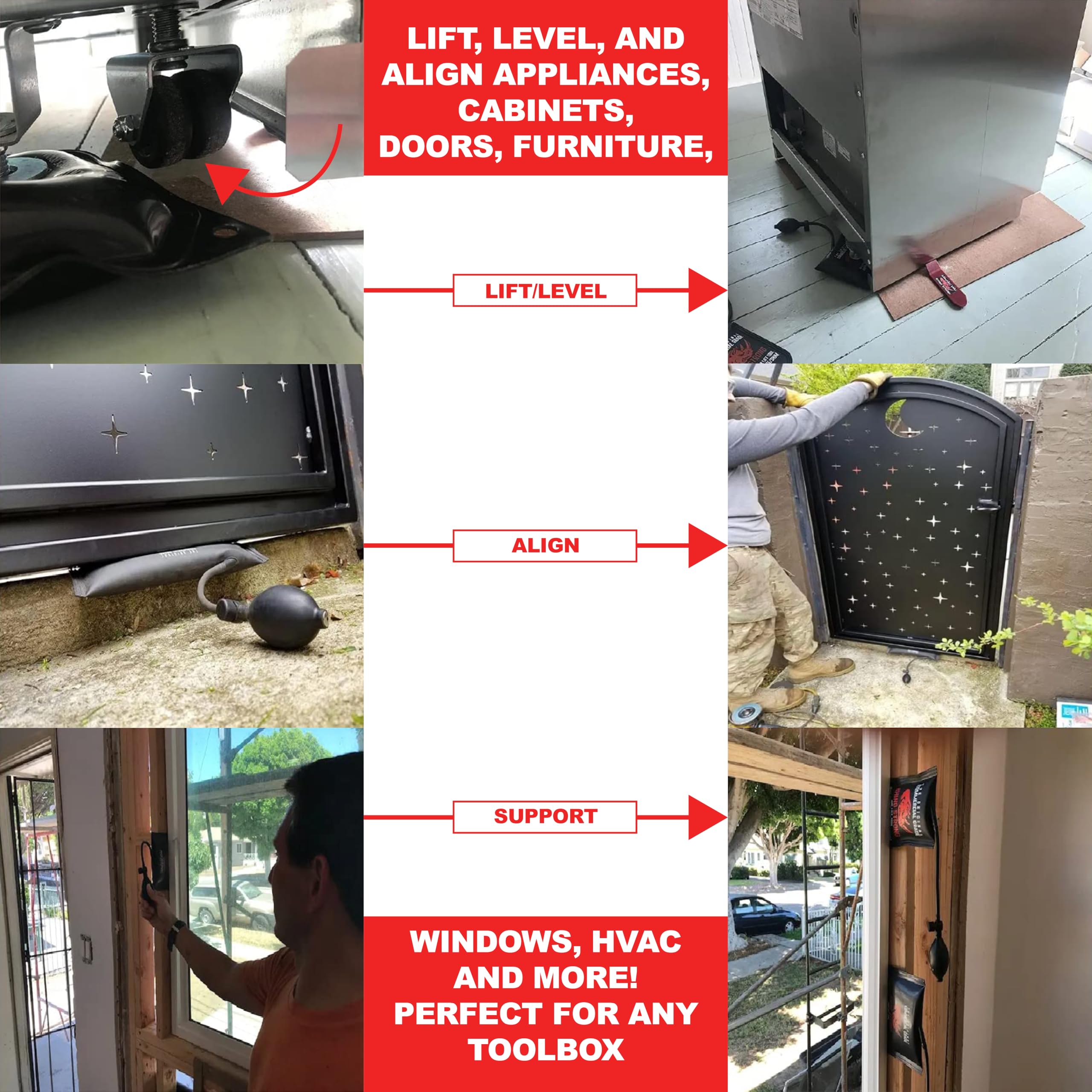 Rhino Strong wedge in use lifting a door frame, enabling one-person precise leveling and alignment