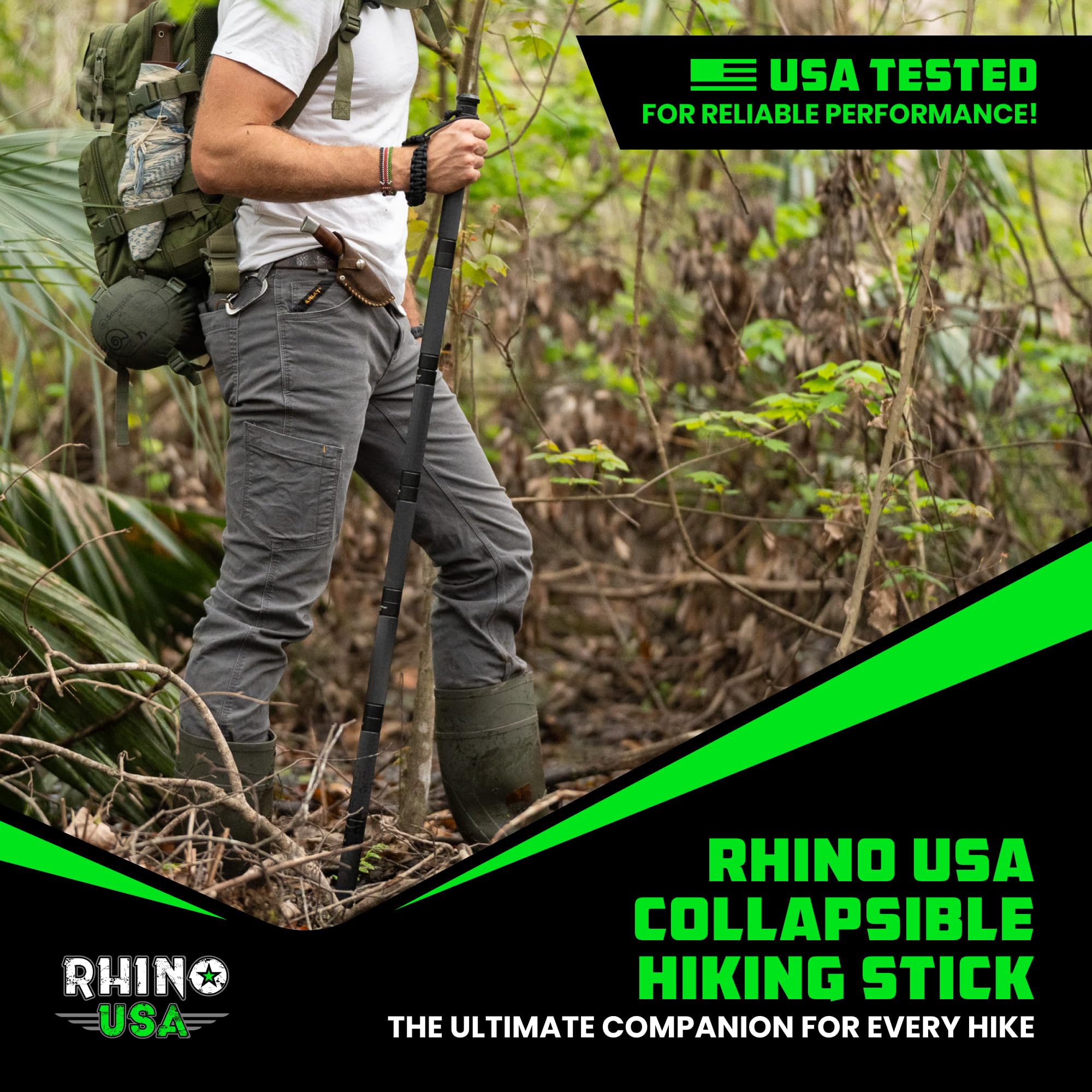 Rhino USA bastón en uso por senderista para apoyo estable en ruta