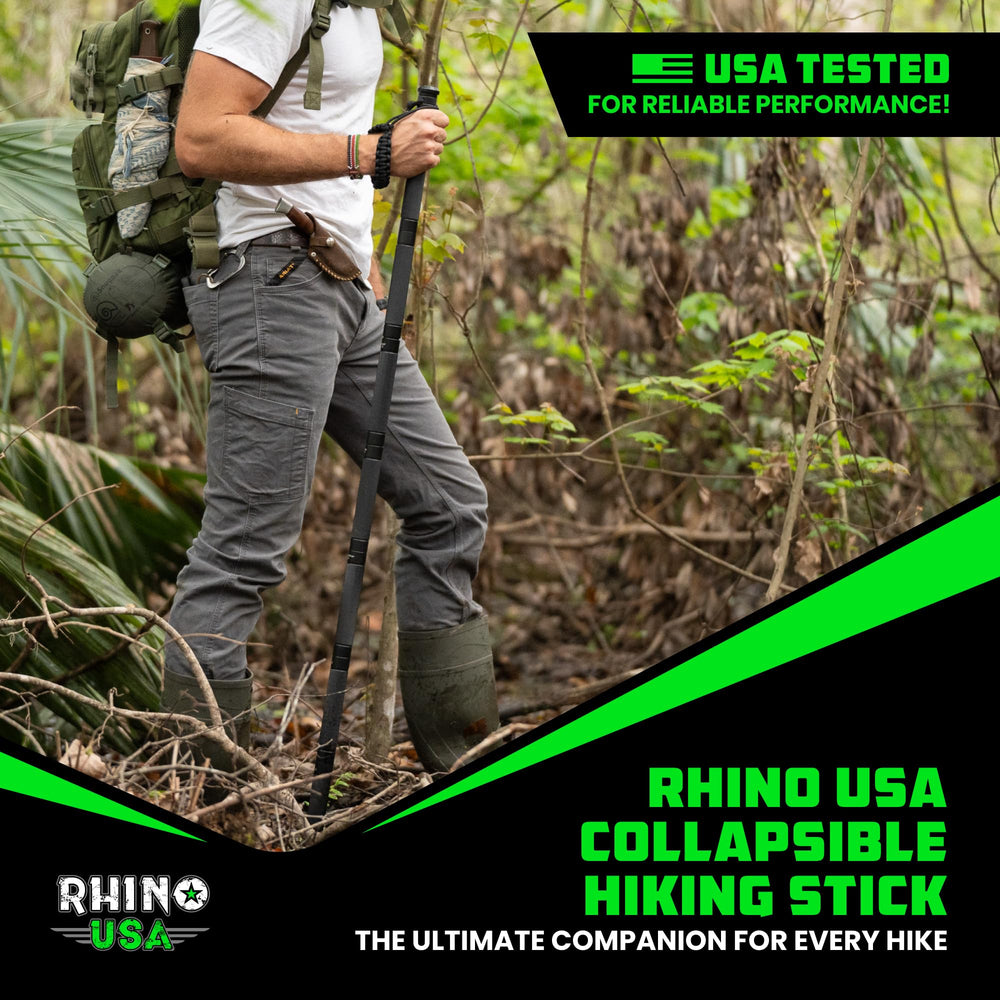 Rhino USA bastón en uso por senderista para apoyo estable en ruta