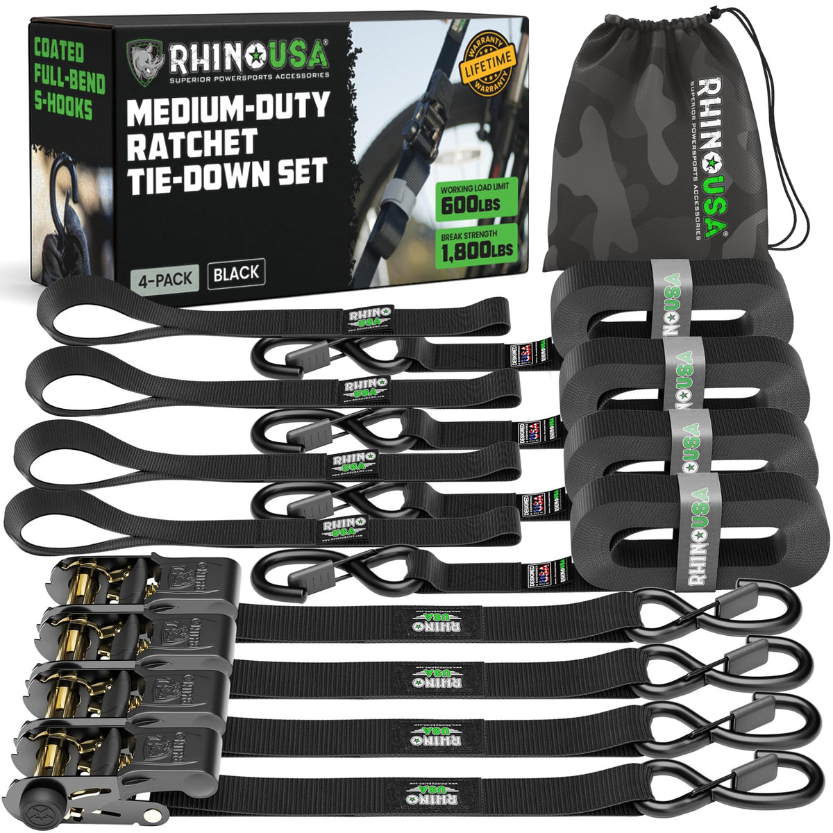 Rhino USA vista frontal del paquete con 4 correas, conveniencia de kit completo