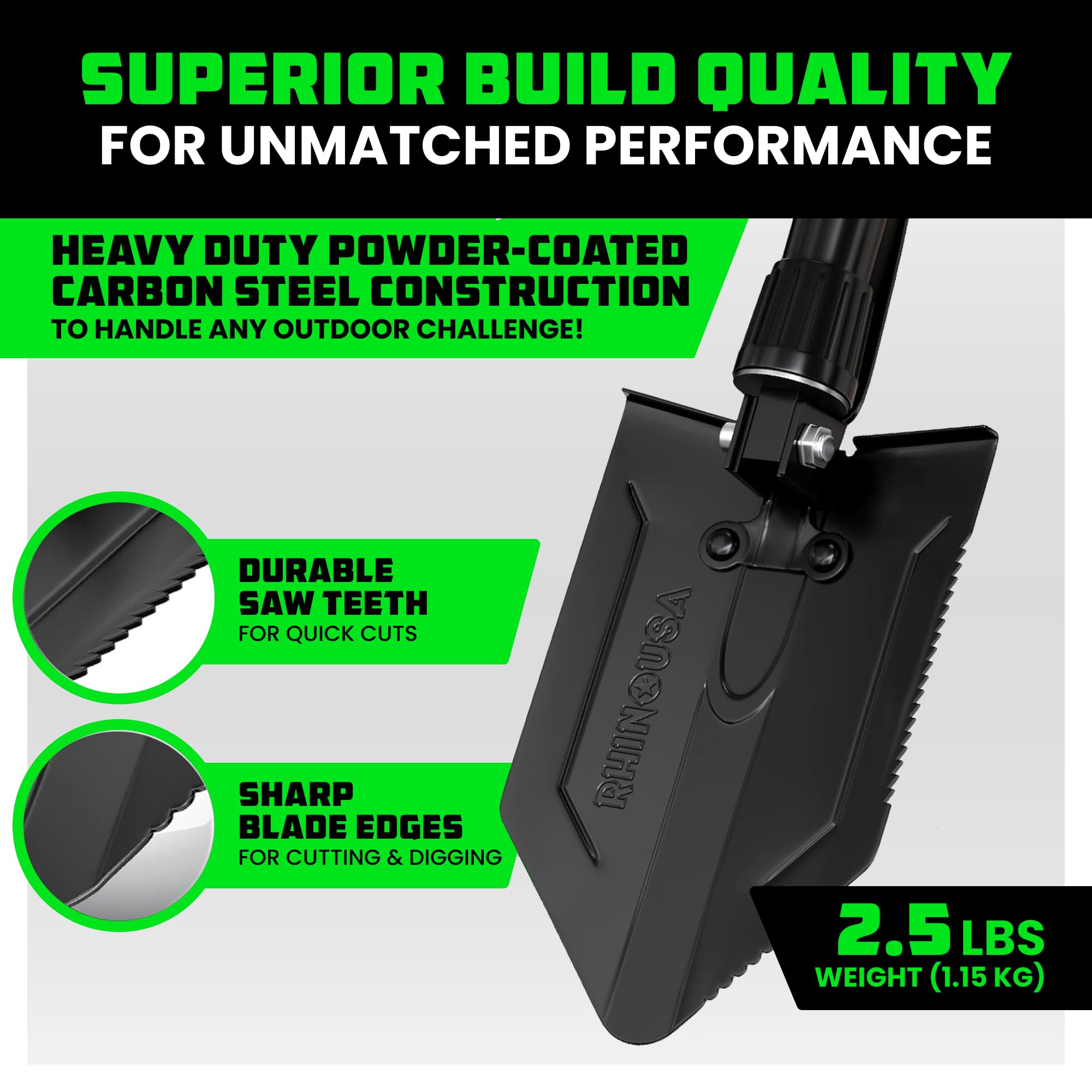 Rhino USA pala plegada dentro de su funda para transporte seguro