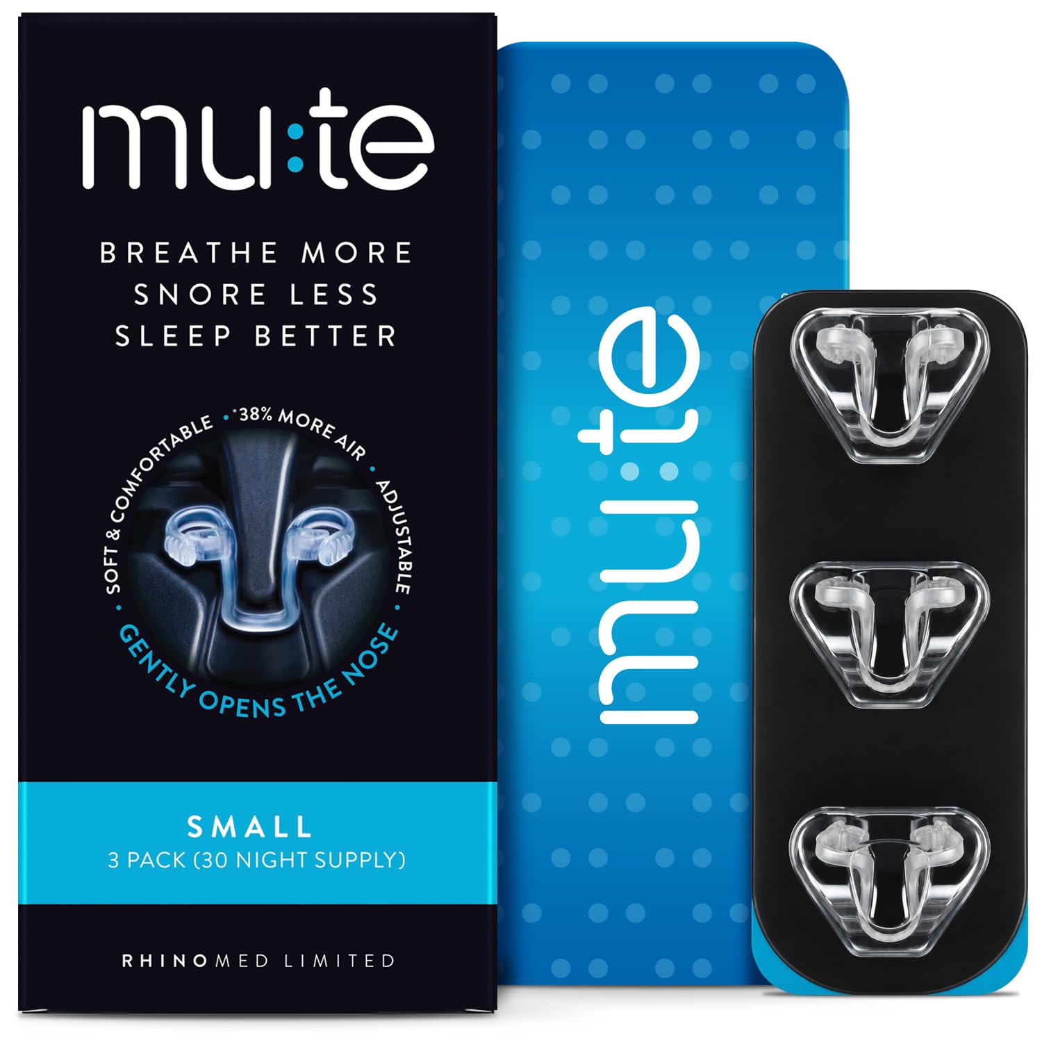 Rhinomed front packaging showing small 3-pack benefits of reduced snoring