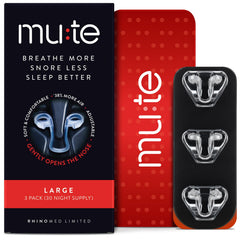 Rhinomed Mute large front packaging showing clear internal dilators and benefits