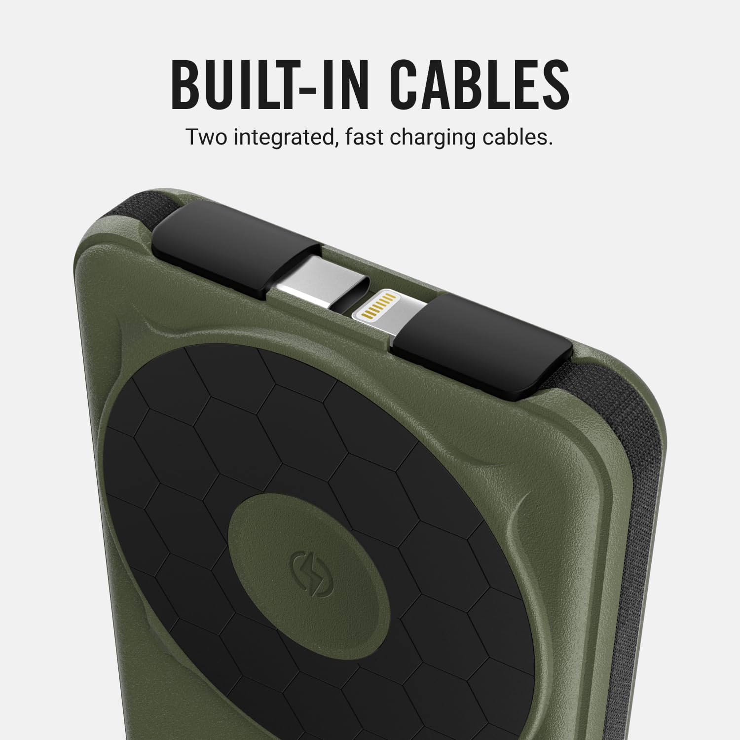 Cables integrados USB-C y Lightning del Ridge listos para carga inmediata