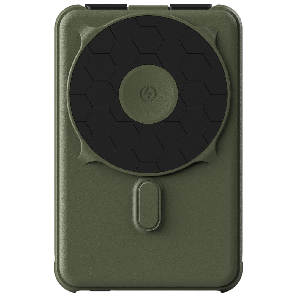 Ridge power bank frontal en Matte Olive mostrando diseño compacto y elegante