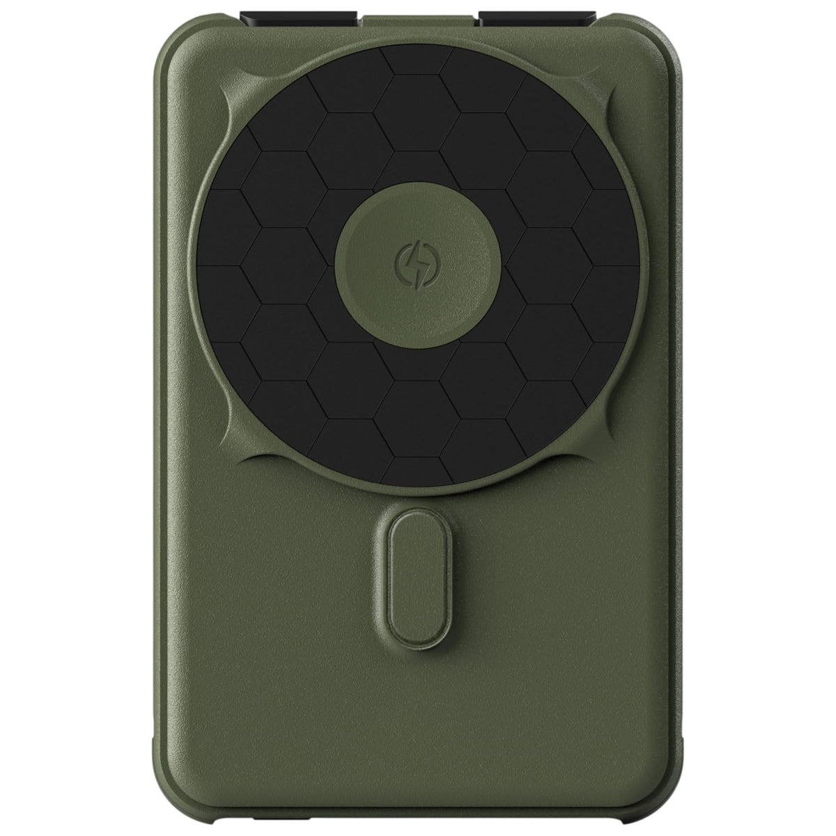 Ridge power bank frontal en Matte Olive mostrando diseño compacto y elegante