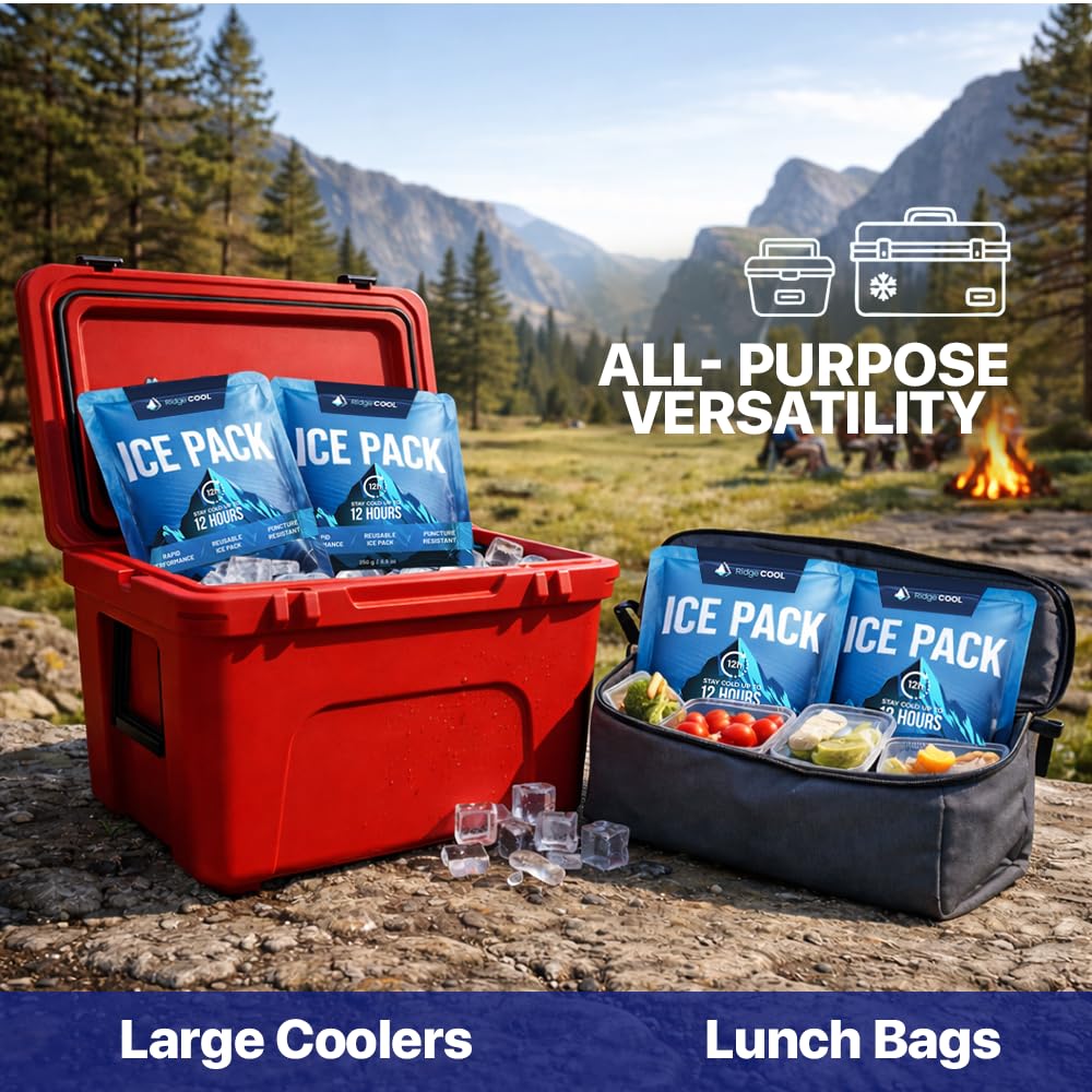 RIDGECOOL pack frío colocado en picnic demostrando transporte frío y orden
