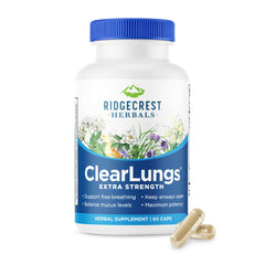 RidgeCrest Herbals frasco frontal mostrando ClearLungs y su beneficio respiratorio
