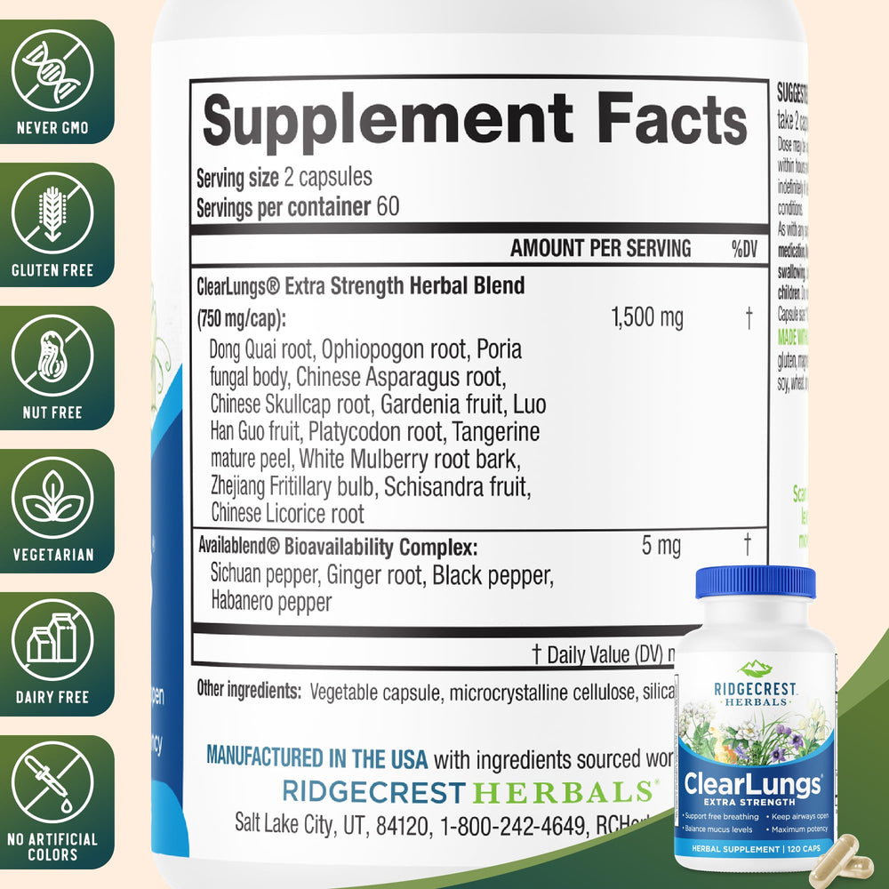 RidgeCrest Herbals mezcla de ingredientes secos de ClearLungs que indica naturalidad