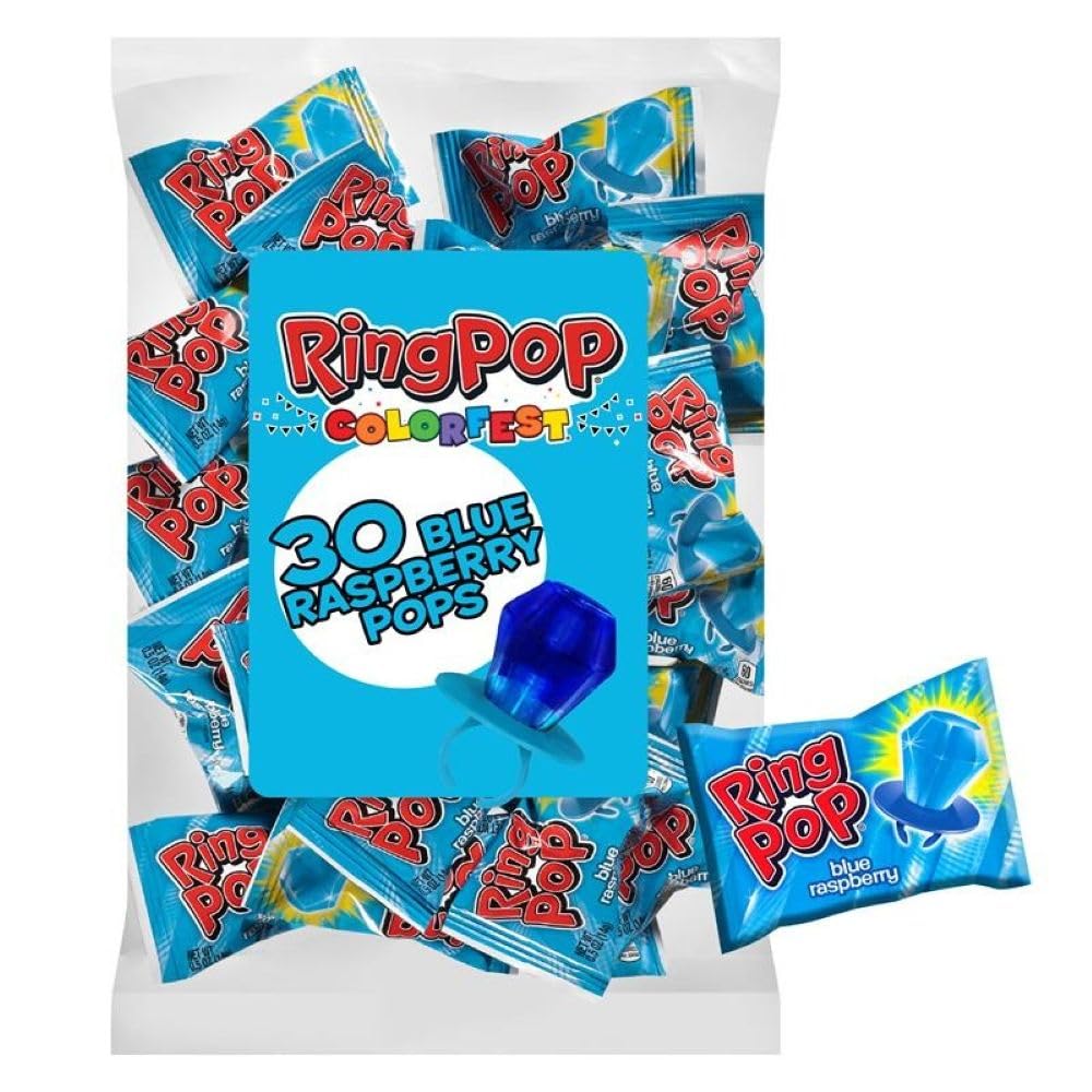 Ring Pop vista frontal del paquete y anillos, atractivo para fiestas