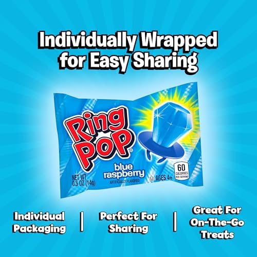 Ring Pop sobre mesa de fiesta azul como decoración y favor