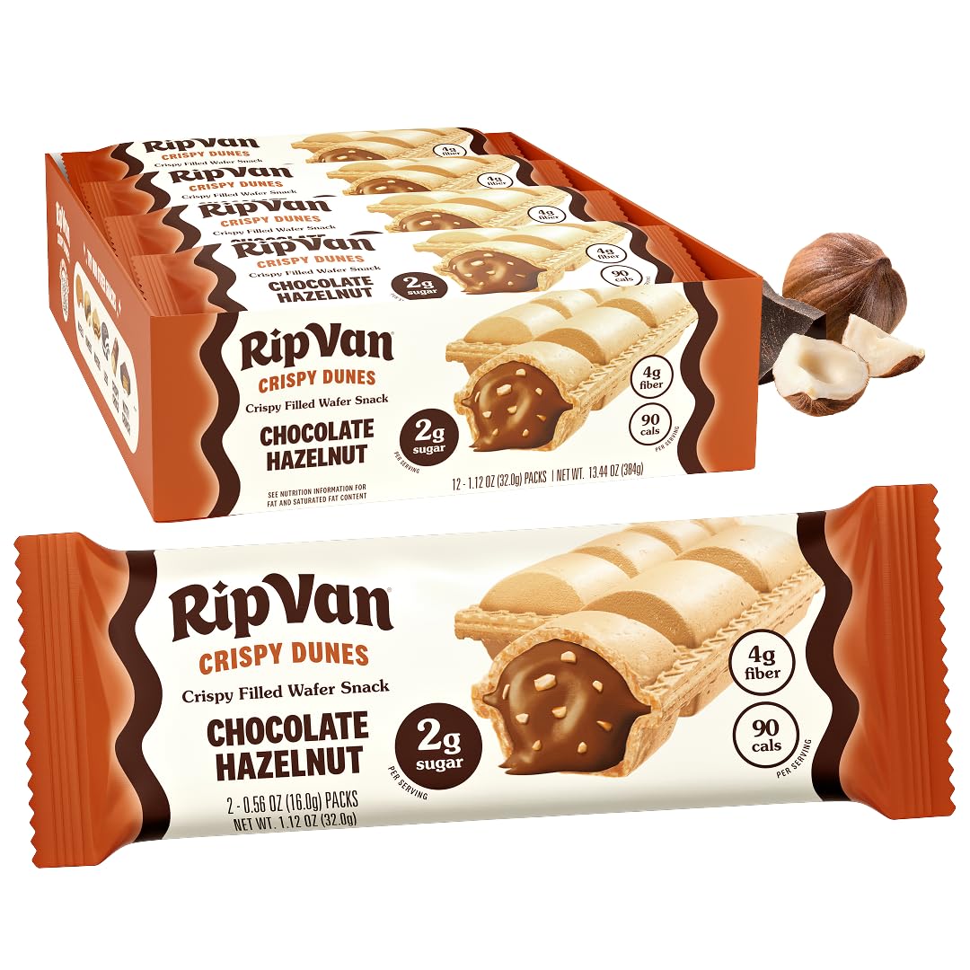 Rip Van Wafels paquete frontal mostrando diseño y beneficios, ideal para elección rápida