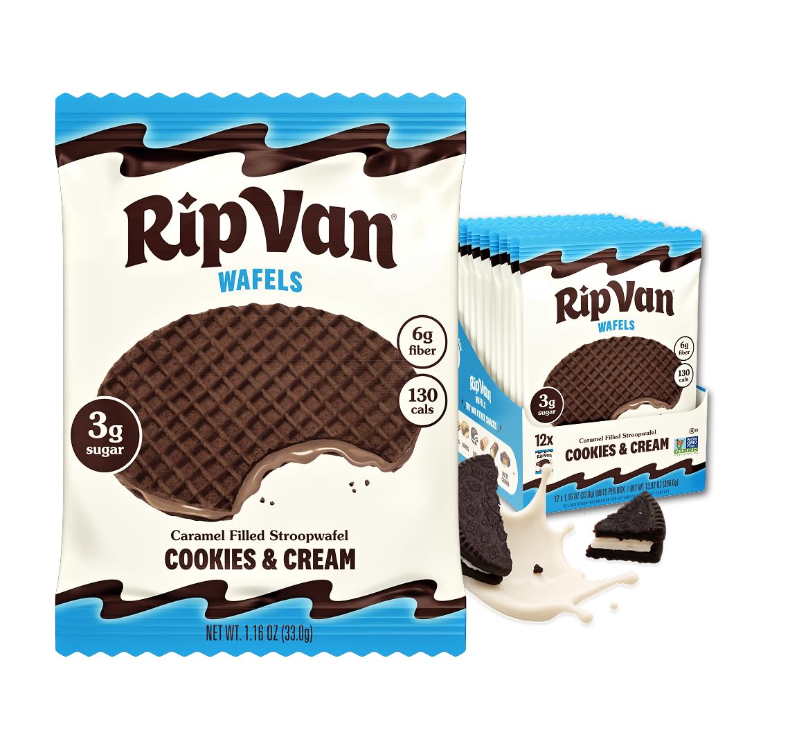 Rip Van Wafels empaque frontal mostrando 12 unidades y beneficios