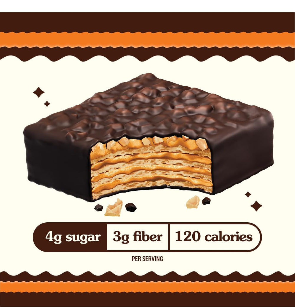 Rip Van Wafels wafer en mano para mostrar escala y tamaño de porción portable