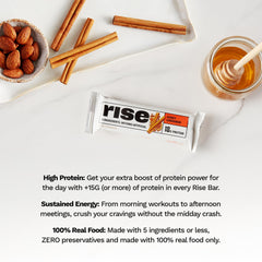 Rise barra Honey Cinnamon en mano indicando tamaño práctico para llevar